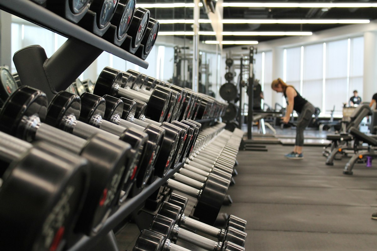 Rows of dumbbells on a rack in a bright gym