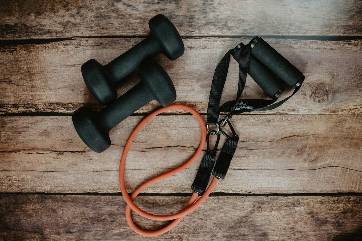 Dumbbells and resistance bands laid out on a wooden floor